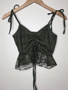 Romwe Dark Green Lace Tie Front Crop Cami Top XS Fairy Grunge Y2K Forest Green